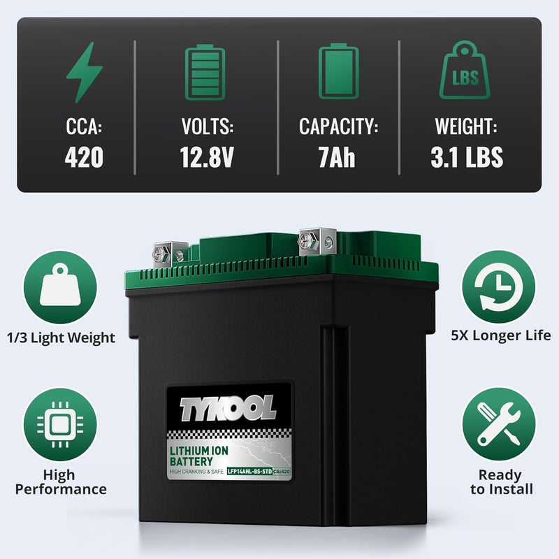 TYKOOL YTX14AHL-BS-STD LiFePO4 Lithium Motorcycle Battery,12.8V 7Ah,420CCA,Digital Readout,Powersports Battery, Fits for Motorcycle,ATV,Snowmobile,PWC. 2X Cranking Amps,5X Longer Life.Fast Charging - Image 4